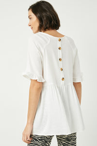 HY2509 Off White Womens Ruffle Sleeve Button Back Peplum Top Back