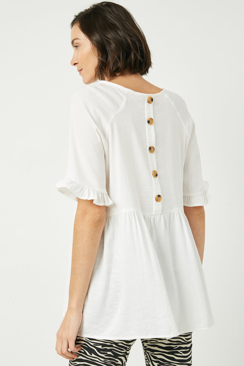HY2509 Off White Womens Ruffle Sleeve Button Back Peplum Top Back