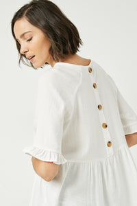 HY2509 Off White Womens Ruffle Sleeve Button Back Peplum Top Detail