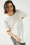 HY2509 Off White Womens Ruffle Sleeve Button Back Peplum Top Front