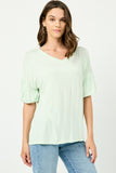 HY2813 OFF WHITE Womens Balloon Puff Sleeve V Neck Modal Knit Top Full Body