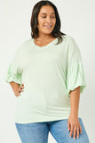 HY2813 MINT Womens Balloon Puff Sleeve V Neck Modal Knit Top Front