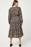 HY5069 NAVY Womens V Neck Floral Paisley Print Long Sleeve Dress Side