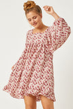 Floral Print Exaggerated Puff Sleeve Baby doll Dress