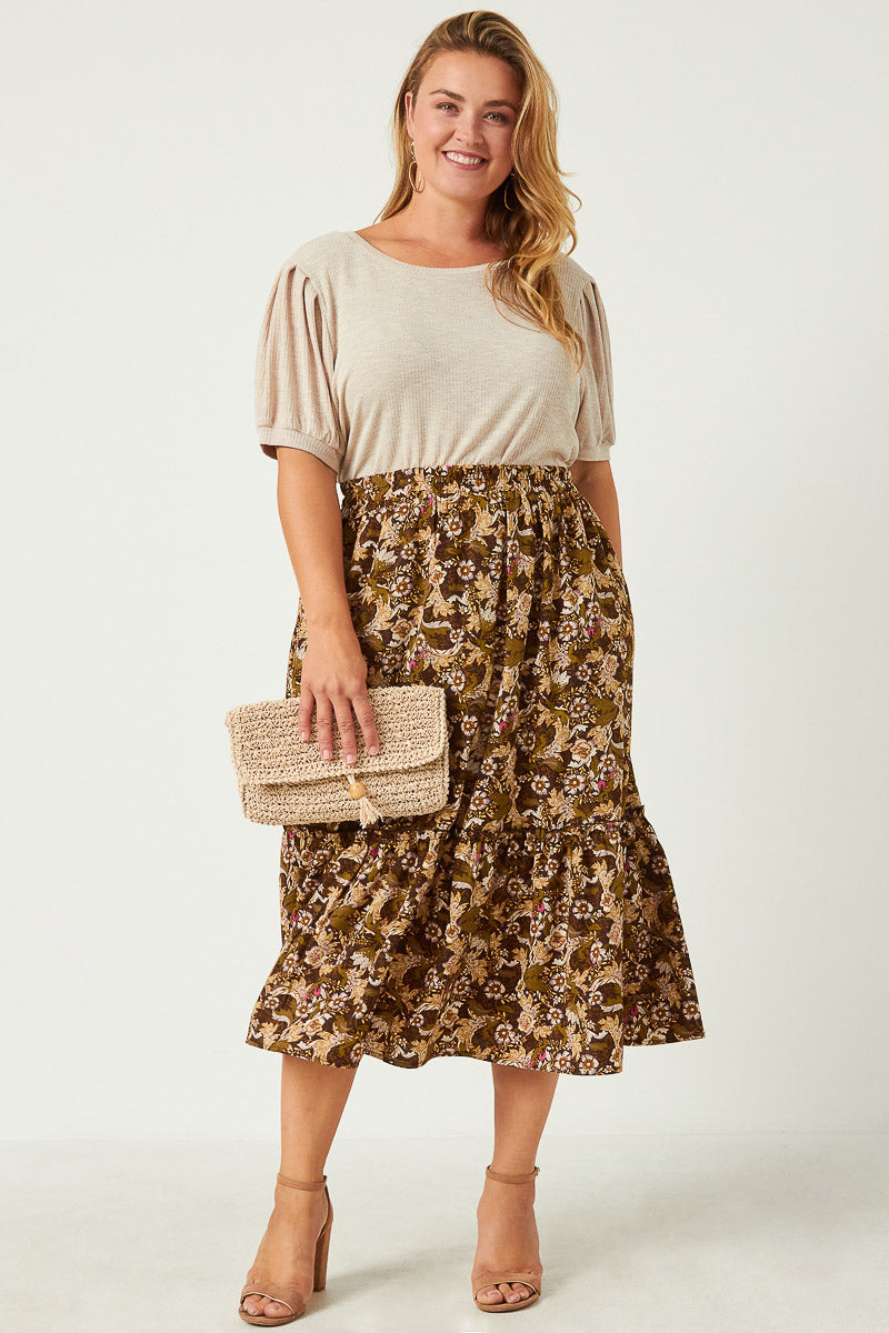 HY5122 OLIVE Womens Floral Print Ruffle Tiered Skirt Back