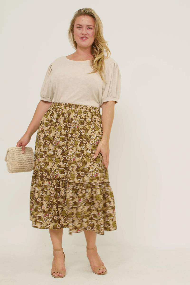 HY5122W OLIVE Plus Floral Print Ruffle Tiered Skirt Full Body
