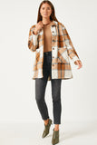 HY5257 CAMEL Womens Plaid Button Up Patch Pocket Coat Front