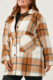 HY5257 BURGUNDY Womens Plaid Button Up Patch Pocket Coat