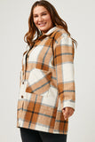 HY5257 BURGUNDY Womens Plaid Button Up Patch Pocket Coat