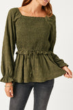 HY5366W OLIVE Plus Textured Polka Dot Smocked Bodice Tie Front Top Front