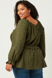 HY5366 OLIVE Womens Textured Polka Dot Smocked Bodice Tie Front Top Detail