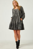 HY5379 BLACK Womens Long Sleeve Tiered Garment Washed Dress Full Body