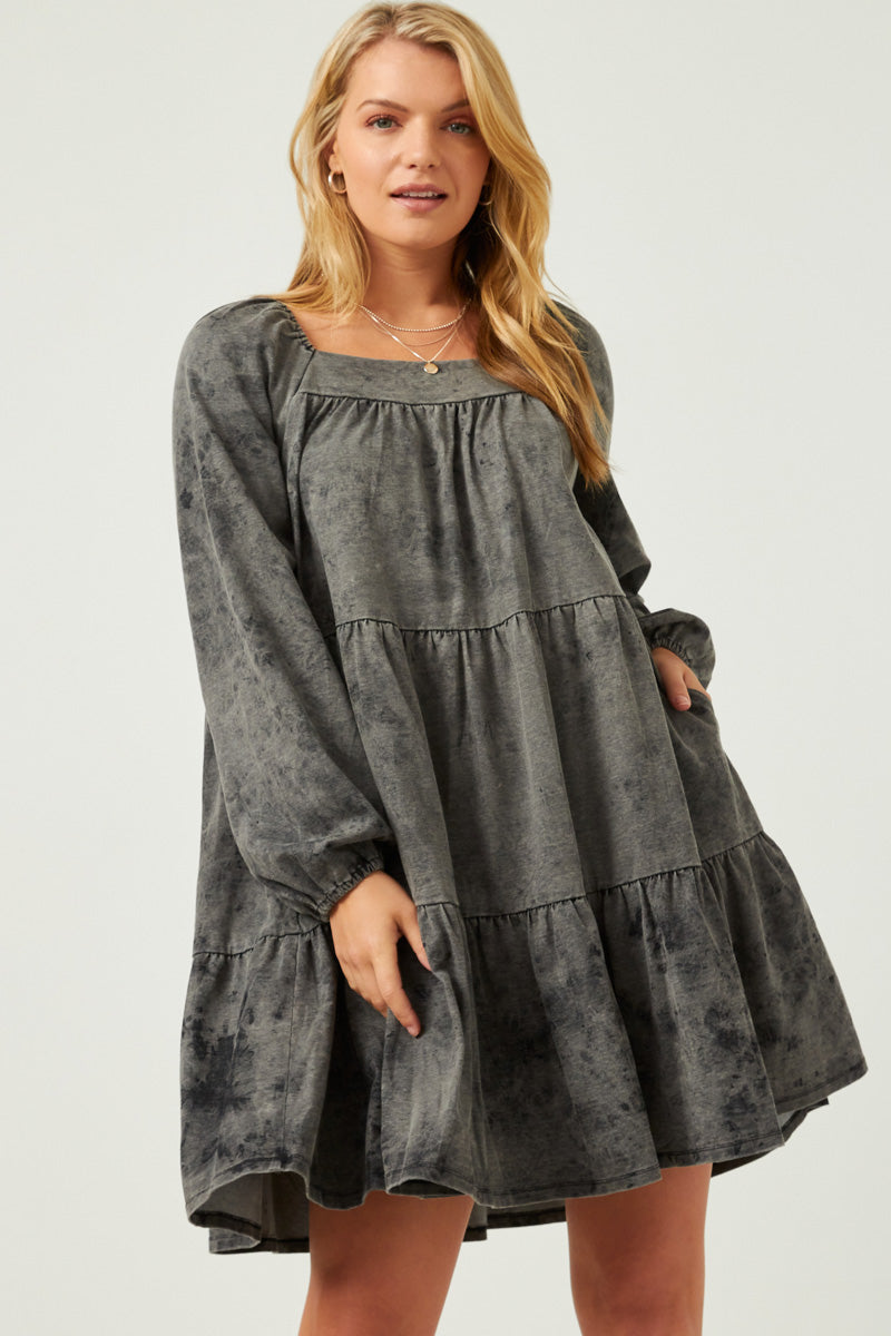 HY5379 Black Womens Long Sleeve Tiered Garment Washed Dress Gif