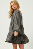 HY5379W BLACK Plus Long Sleeve Tiered Garment Washed Dress Detail