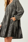 HY5379W BLACK Plus Long Sleeve Tiered Garment Washed Dress Back