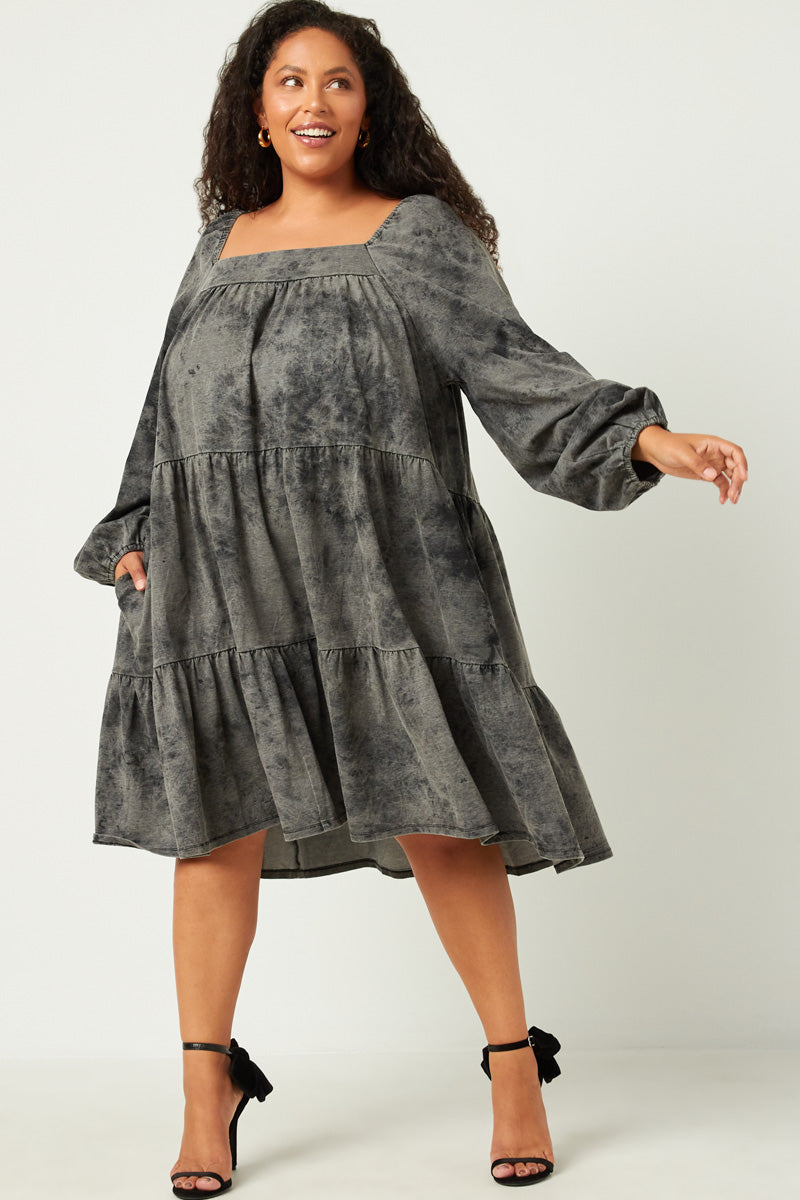 Long Sleeve Tiered Garment Washed Dress