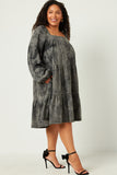 HY5379 BLACK Womens Long Sleeve Tiered Garment Washed Dress Front