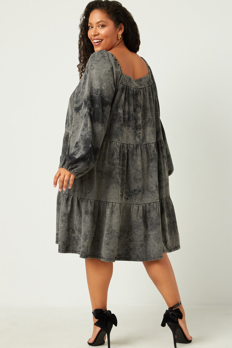 HY5379 BLACK Womens Long Sleeve Tiered Garment Washed Dress Back