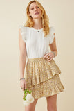 HY5664W Yellow Plus Floral Printed Asymmetric Ruffle Skirt Full Body 2