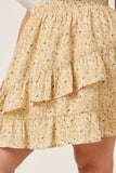 HY5664 YELLOW Womens Floral Printed Asymmetric Ruffle Skirt