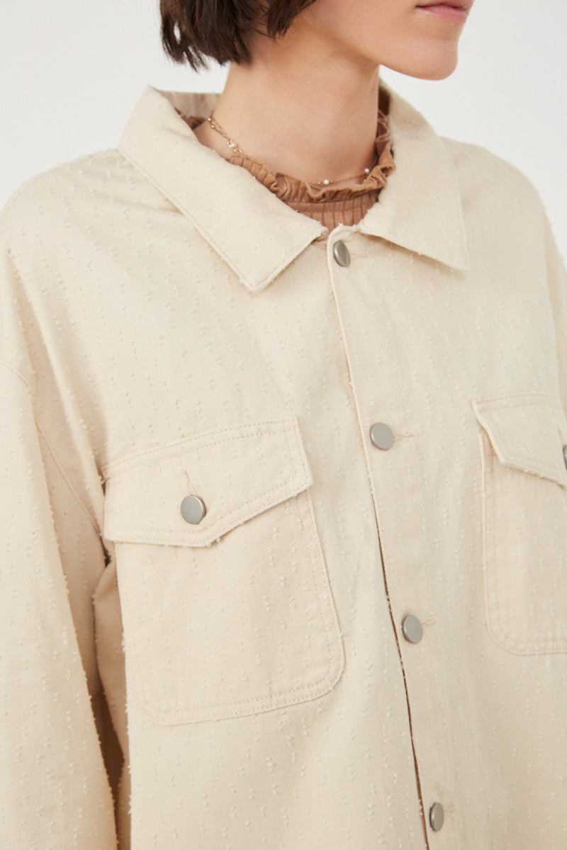 HY6148W Ivory Plus Distressed Detail Button Up Shacket Gif