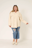 HY6148W CREAM Plus Distressed Detail Button Up Shacket Front