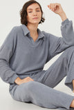 HY6156 Blue Womens Open Collar Long Sleeve Fleece Top Pose