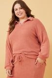 HY6156 Mauve Womens Open Collar Long Sleeve Fleece Top Detail