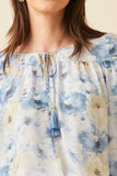 HY6162W Blue Plus Dolman Sleeve Tie Front Floral Chiffon Top Detail