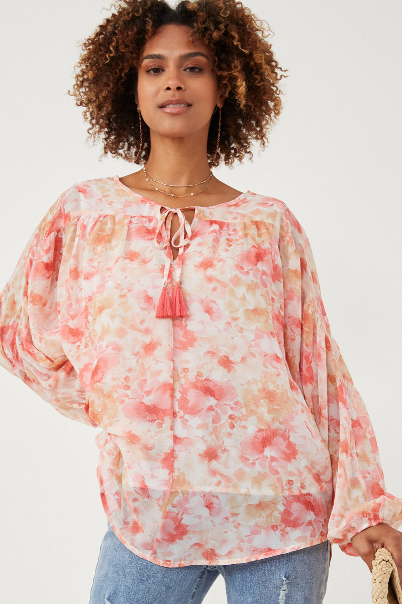 HY6162 Pink Womens Dolman Sleeve Tie Front Floral Chiffon Top Front