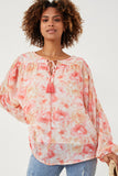 Dolman Sleeve Tie Front Floral Chiffon Top