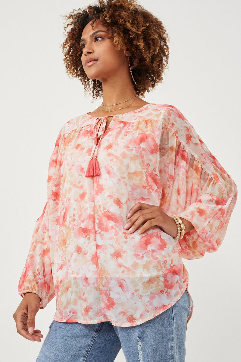 HY6162W Pink Plus Dolman Sleeve Tie Front Floral Chiffon Top Full Body