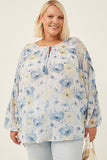 HY6162 Blue Womens Dolman Sleeve Tie Front Floral Chiffon Top Front