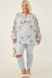 HY6162 Blue Womens Dolman Sleeve Tie Front Floral Chiffon Top Detail
