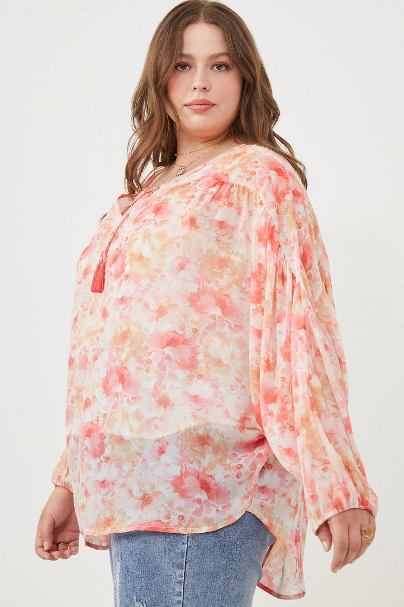 HY6162 Pink Womens Dolman Sleeve Tie Front Floral Chiffon Top Detail