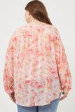 HY6162 Pink Womens Dolman Sleeve Tie Front Floral Chiffon Top Side