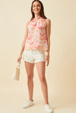HY6163 Pink Womens Ruffle Trimmed Floral Chiffon Tank Front