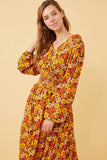 HY6400 Black Womens Floral Smocked Waist Long Sleeve Surplice Dress Front