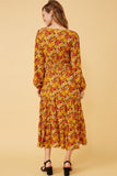 HY6400 Black Womens Floral Smocked Waist Long Sleeve Surplice Dress Back