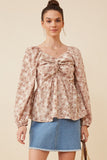 HY6415 Taupe Womens Floral Print Twist Front Smocked Back Top Front