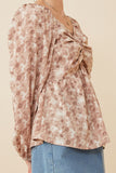 HY6415W TAUPE Plus Floral Print Twist Front Smocked Back Top Side