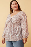 HY6415W TAUPE Plus Floral Print Twist Front Smocked Back Top Front