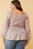 HY6415 Taupe Womens Floral Print Twist Front Smocked Back Top Side