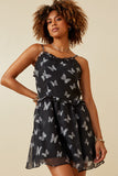 HY6523 BLACK Womens Smock Detail Butterfly Print Chiffon Dress Front