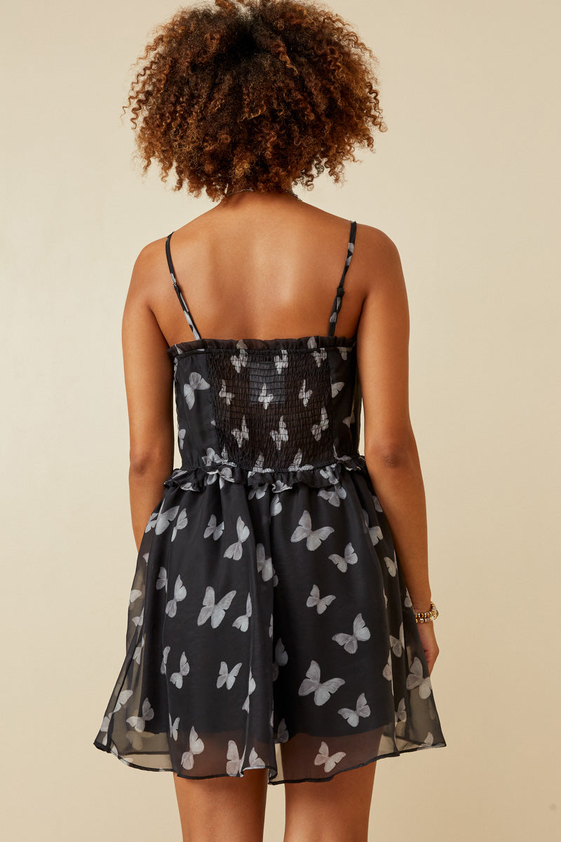 HY6523 BLACK Womens Smock Detail Butterfly Print Chiffon Dress Side