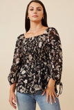 Textured Floral Chiffon Smocked Square Neck Top