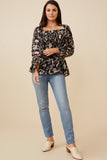 HY6542W BLACK Plus Textured Floral Chiffon Smocked Square Neck Top Side