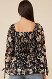HY6542W BLACK Plus Textured Floral Chiffon Smocked Square Neck Top Side 2