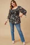 HY6542 Black Womens Textured Floral Chiffon Smocked Square Neck Top Full Body