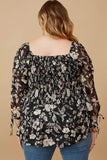HY6542 Black Womens Textured Floral Chiffon Smocked Square Neck Top Back